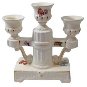 Vintage Czechoslovak Porcelain White 3 Arm Candle Holder Flower Decor Gold Trim